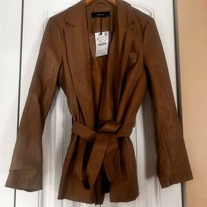 ZARA Faux Leather Belted Blazer Jacket Brown Size S NWT